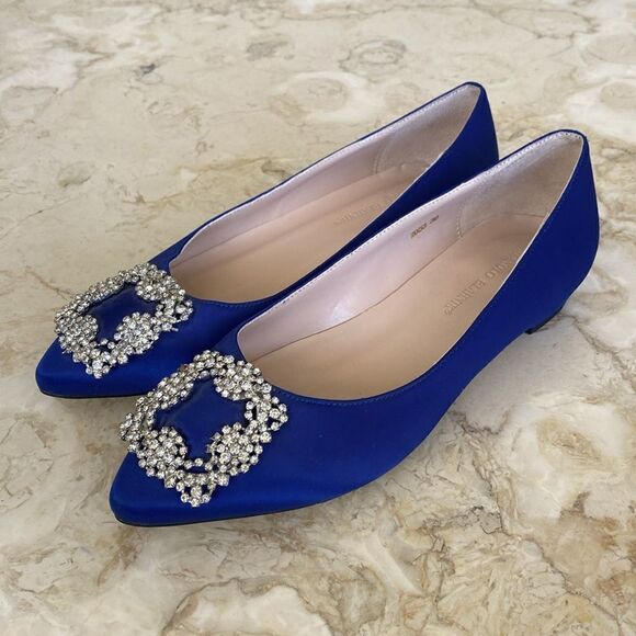 NEW! Royal Blue Satin & Crystal Buckle Embellishment Hangisi Ballet Flats - Picture 2 of 9